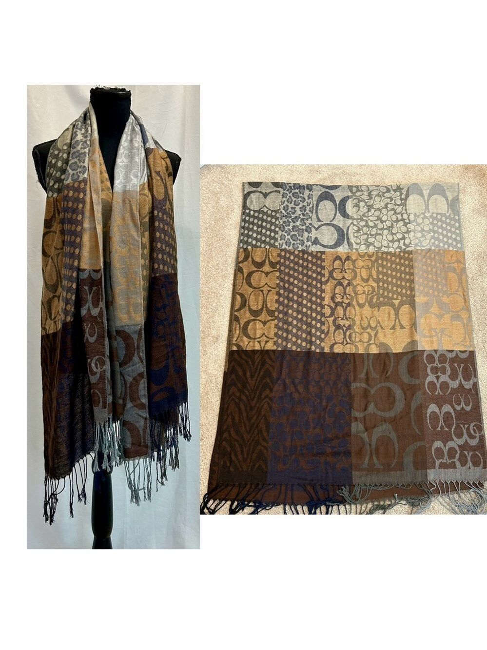 Coach Brown gray monogram CC logo lightweight scarf